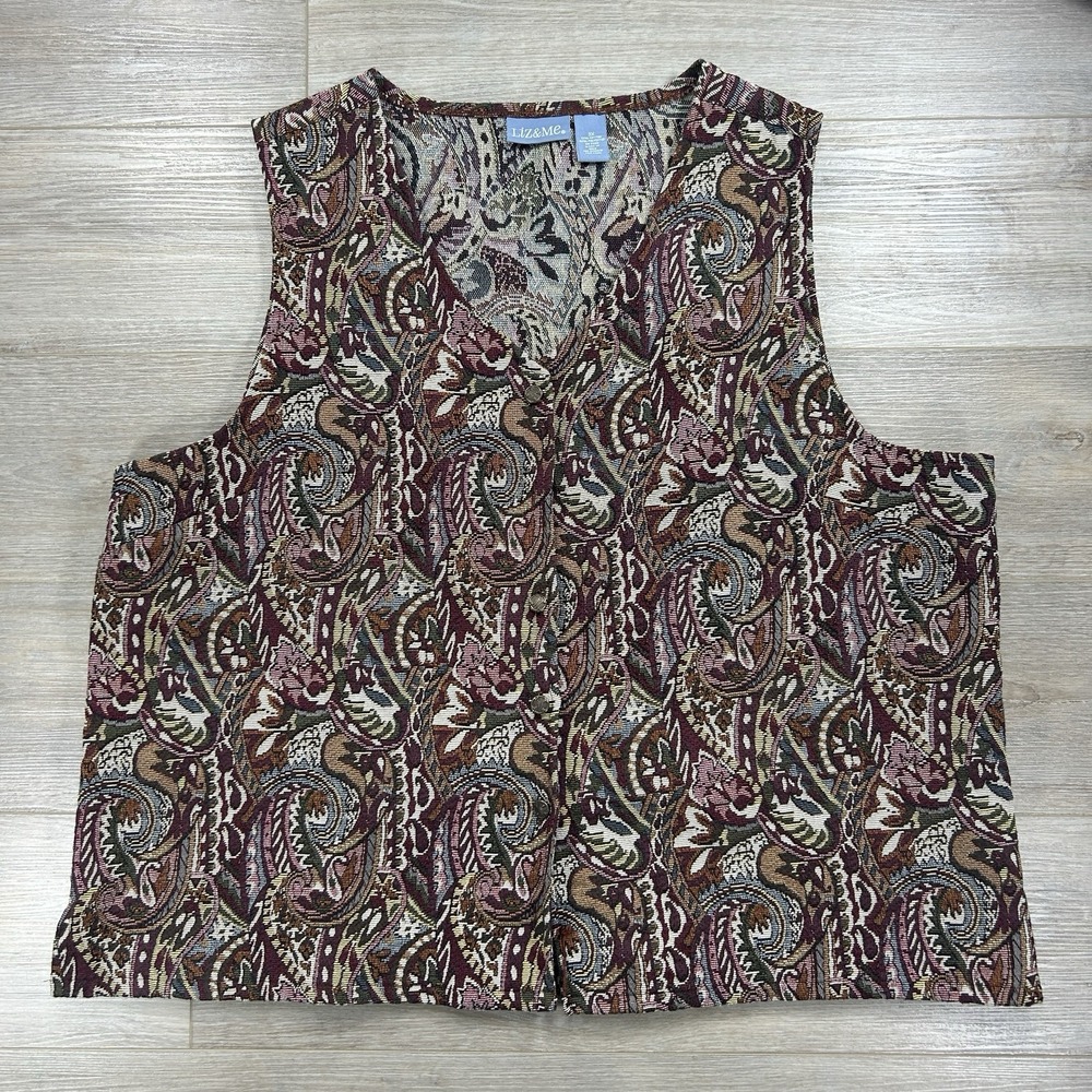 Liz&Me Women's 3X Paisley Abstract Tapestry‎ Button Front Vest Cottage Core